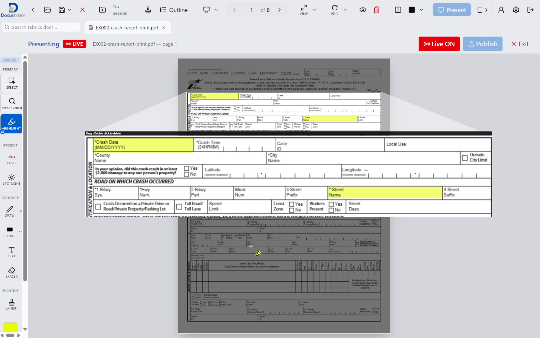 Docustrator control workspace with Smart Zoom and highlighted demo exhibits